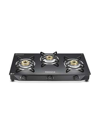 Eleenova Black 3 Burners Glass Manual LPG Gas Stove