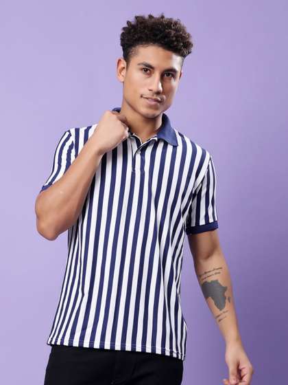 TQH Men Striped Dri-FIT Polo Collar Pockets T-shirt