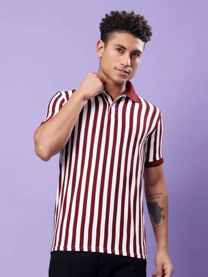 TQH Men Striped Dri-FIT Polo Collar Pockets T-shirt