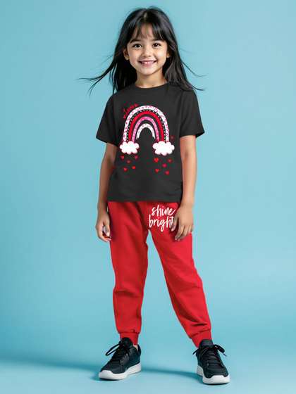 HERE&NOW Girls
                    Graphic Printed Round Neck Short Sleeves T-Shirt
                    & Track Pant