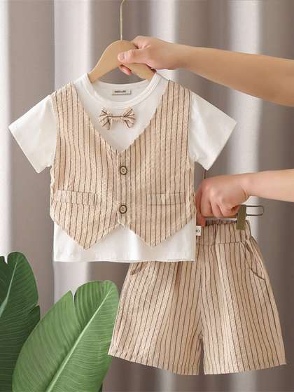 INCLUD Boys Striped
                      Round Neck T-shirt With Waistcoat & Shorts