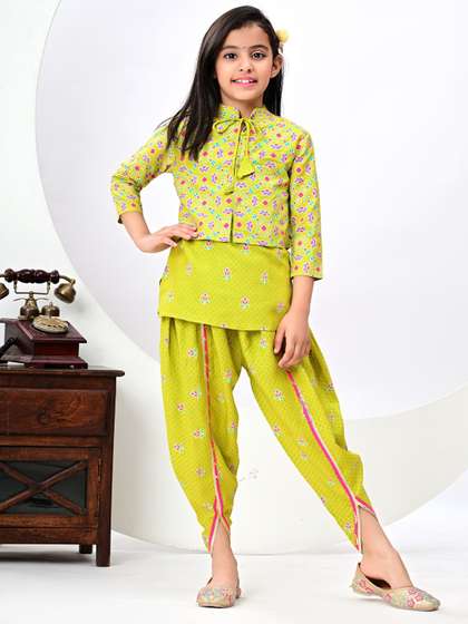 JAANYA Girls
                          Floral Printed Straight Kurti With Dhoti Pants
                          & Shrug