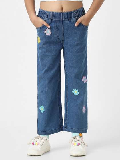 Nauti Nati Girls Cotton
                    Denim Jeans with Little Flower Appliques