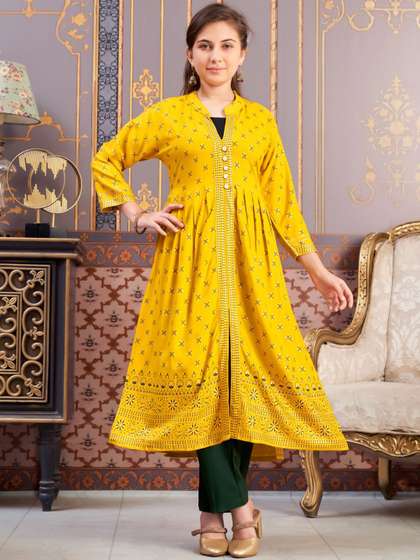 Sangria Girls Ethnic
                      Motifs Printed Mandarin Collar A-Line Kurta With
                      Trouser