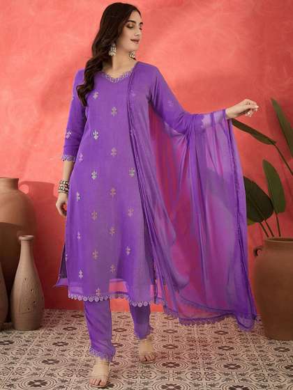 Sangria Floral
                        Embroidered V-Neck Sequinned Straight Kurta
                        Trousers & Dupatta