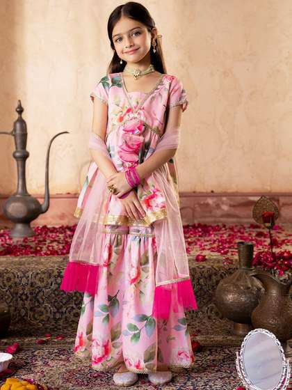 Pspeaches Girls Peach
                    Floral Cotton Kurta Sharara Dupatta Set