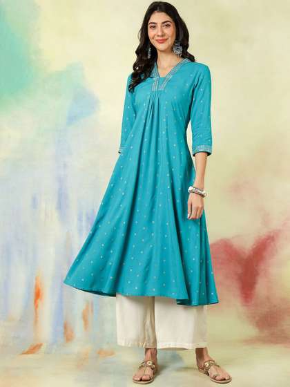 Sangria Ethnic
                        Motifs Printed V-Neck A-Line Kurta