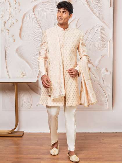 VASTRAMAY Men
                          Mandarin Collar Neck Sherwani With Pyjama
                          & Dupatta Set