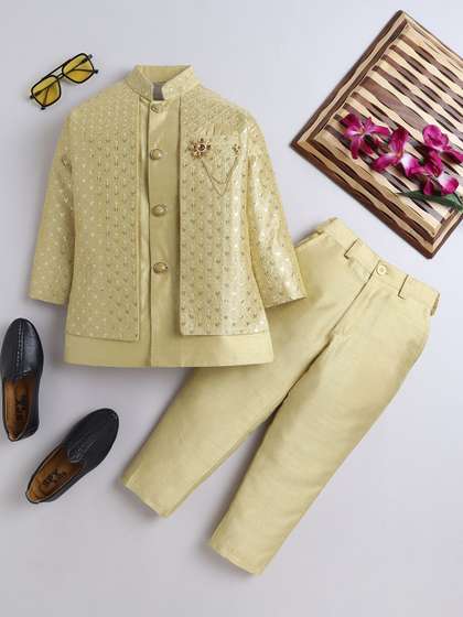 ahhaaaa Boys Ethnic
                    Motifs Embroidered Sequinned Raw Silk Kurta With
                    Trouser With Jacket