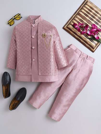 ahhaaaa Boys Ethnic
                    Motifs Embroidered Sequinned Raw Silk Kurta With
                    Trouser And Jacket