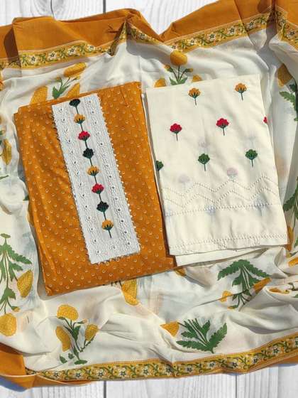 GC 80 BY GAURI
                        COLLECTION Floral Embroidered Pure Cotton
                        Unstitched Dress Material