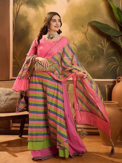 Sangria Round Neck
                          Leheriya Printed Pure Cotton Lehenga And Choli
                          With Dupatta