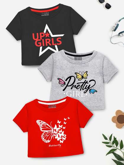 HERE&NOW Girls Pack
                    of 3 Graphic Printed Crop T-shirt