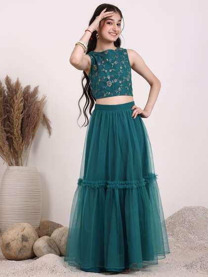 Inddus Girls Embroidered
                    Thread Work Ready to Wear Lehenga &