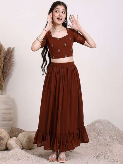 Inddus Girls Embroidered
                    Thread Work Ready to Wear Lehenga &
