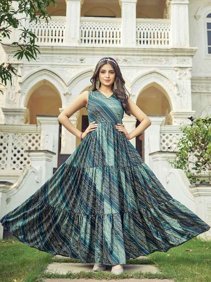 CHANSI Bandhani
                        Printed V Neck Ethnic Dressess