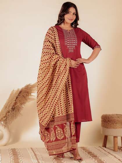 Aramya Floral
                          Thread Work Pure Cotton Notch Neck Kurta With
                          Trousers And Dupatta