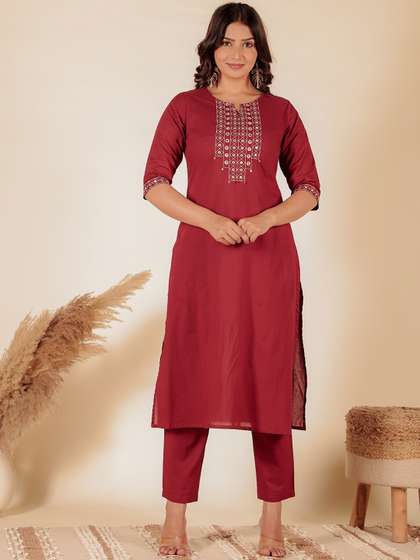 Aramya Pure Cotton
                        Notch Neck Straight Kurta With Trousers