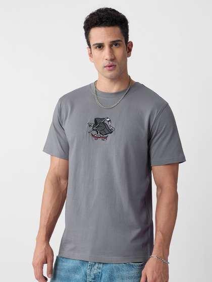 The Souled Store Men
                        Printed Grey Cotton Regular Fit T-Shirts