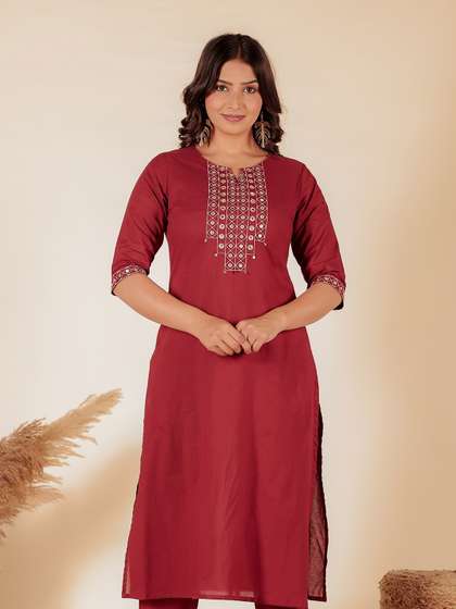 Aramya Geometric
                        Embroidered Notch Neck Thread Work Pure Cotton
                        Straight Kurta