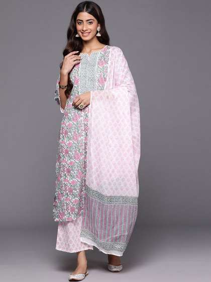 Libas Floral
                            Printed Notch Neck Cotton Straight Kurta
                            With Palazzos & Dupatta