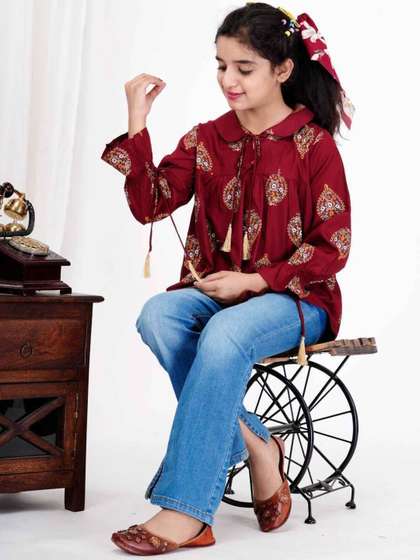 DMP FASHION Girls Ethnic
                    Motifs Printed Gathered Or Pleated Cotton Regular
                    Top