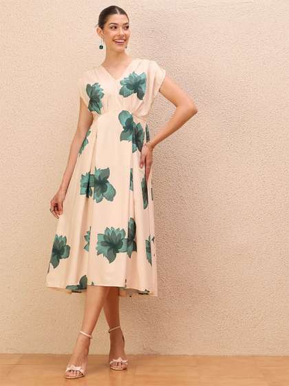 Antheaa Floral
                        Printed V-Neck Layered Crepe Empire Midi Dress