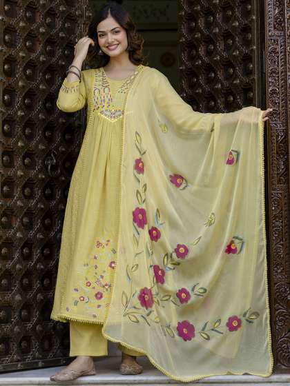 Anouk Floral
                          Schiffli Embroidered Panelled Pure Cotton
                          A-Line Kurta With Pyjamas & Dupatta