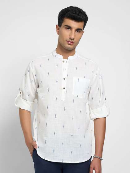 indus route by
                        Pantaloons Geometric Printed Mandarin Collar
                        Pure Cotton Short Kurta