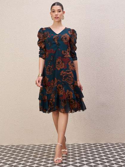 Antheaa Women
                          Ethnic Motifs Print Puff Sleeve Gathered or
                          Pleated A-Line Knee Length Dress