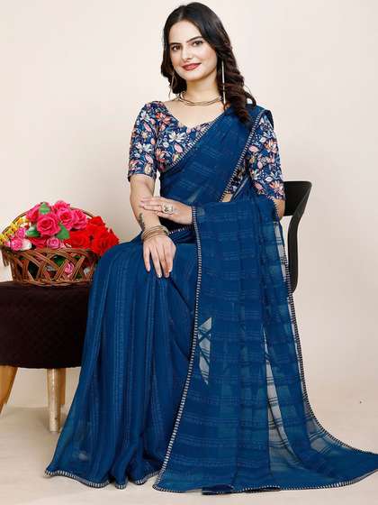 K 5 Fashion Striped
                        Sequinned Pure Chiffon Saree