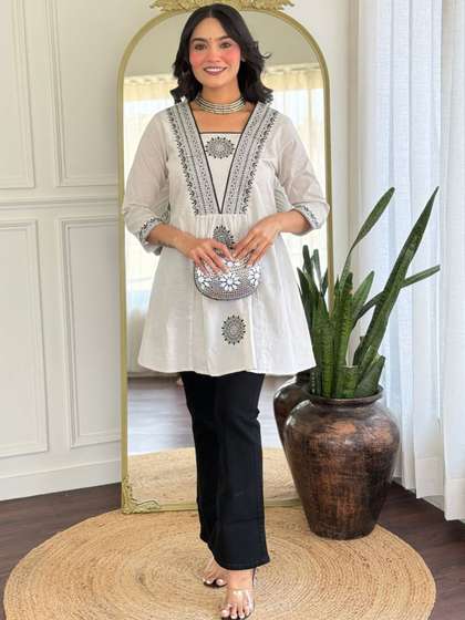 KALINI Embroidered
                          Square Neck Ethnic Tunic