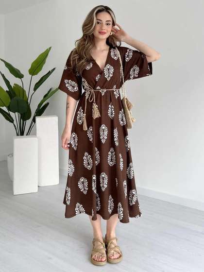 MANOJAVA Women
                        Ethnic Motifs Printed Applique Wrap Midi Dress