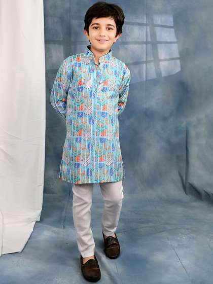BT DEZINES Boys Ethnic
                    Motifs Printed Band Collar Sequinned Straight Kurta
                    With Pyjamas