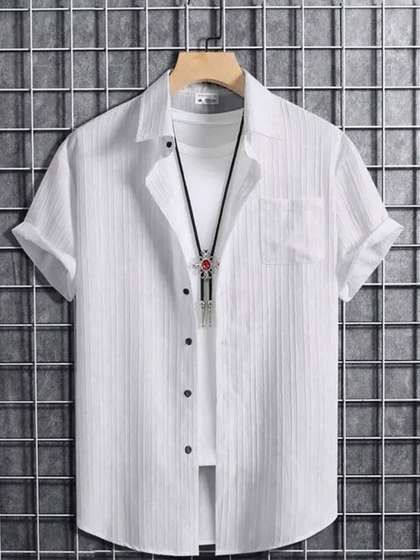 CRESALE Boys Comfort Fit
                    Textured Spread Collar Cotton Casual Shirt