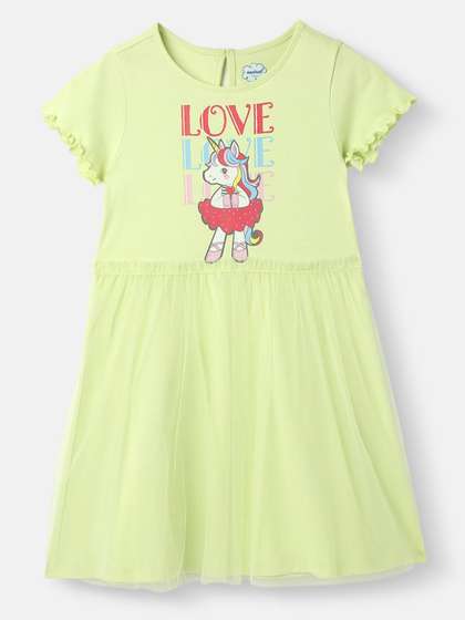 Nauti Nati Girls Knit
                    and Woven Frock Graphic Printed Tulle Dress