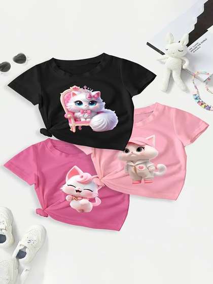 Knit Vey Girls Pack Of
                      3 Printed Rounc Neck Short Sleeves Cotton T-shirt