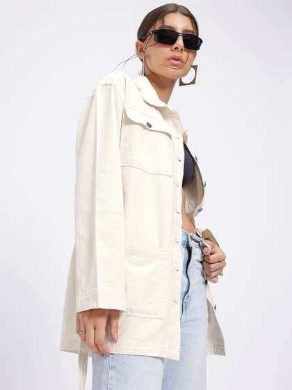 glitchez Pure Cotton
                        Drop-Sleeves Longline Denim Jacket with Belt