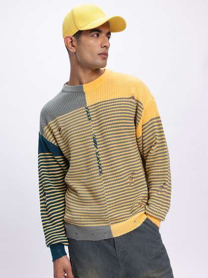 glitchez Striped
                        Self-Design Cut-Out Detail Acrylic Pullover