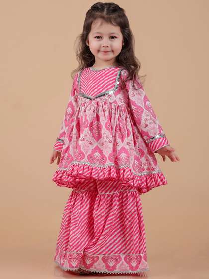 BAESD Girls Floral
                    Printed Pleated Round Neck Pure Cotton Anarkali
                    Kurta With Sharara