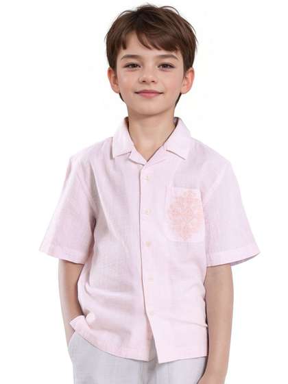 RARE ONES Boys Textured
                    Cuban Collar Cotton Casual Shirt
