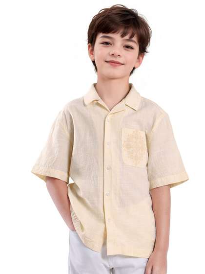 RARE ONES Boys Textured
                    Cuban Collar Cotton Casual Shirt