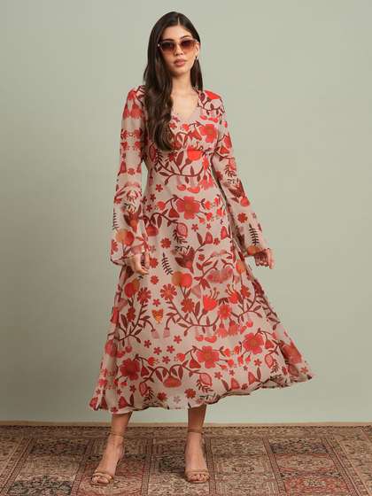 Globus V-Neck Bell
                        Sleeves Floral Print Georgette Midi A-Line
                        Dress