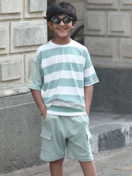 Nap Chief Kids
                        Unisex Good Vibes Printed Striped Cotton
                        Oversized T-Shirt & Cargo Shorts