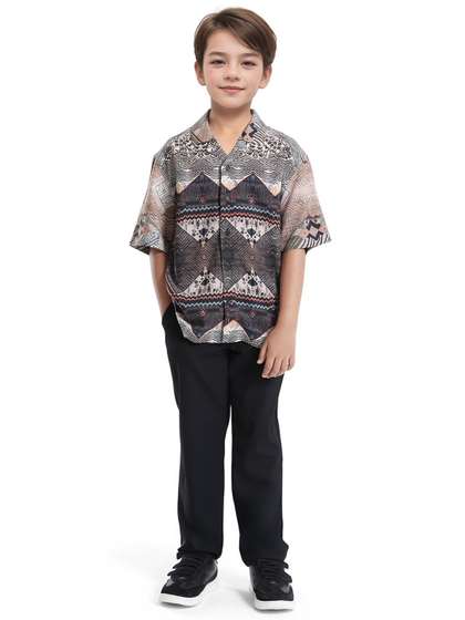 RARE ONES Boys Geometric
                    Printed Cuban Collar Short Sleeves Casual Shirt