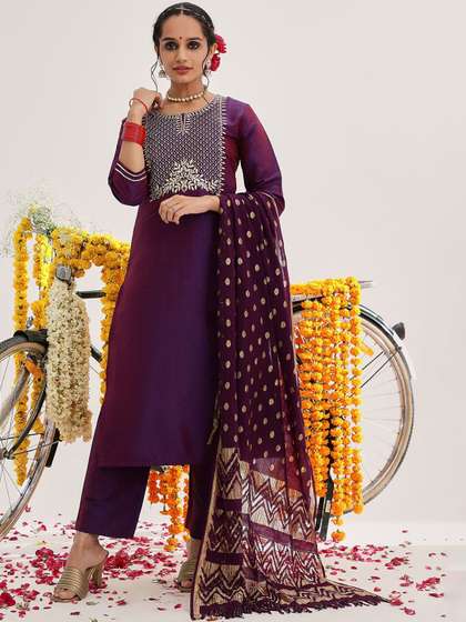 Varanga Floral
                          Yoke Design Thread Work Kurta With Trousers
                          & Dupatta