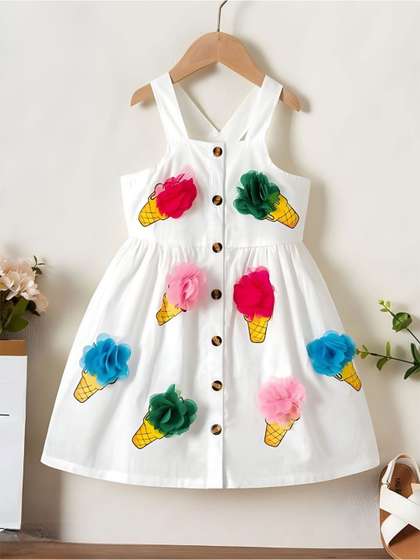 JIYAN FASHION WORLD
                    Girls Floral Printed Fringed Fit & Flare Dress