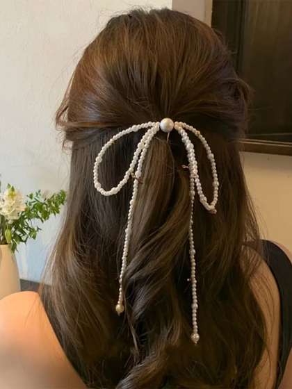 Ziory Girls Imitation
                    Pearl & Golden Ribbon Beaded Bow Hair Clip