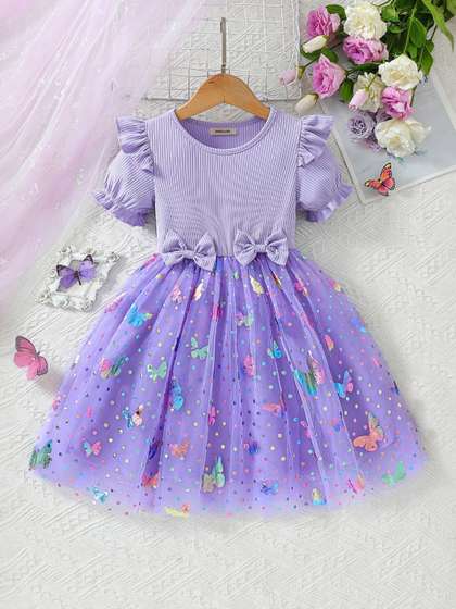 INCLUD Girl Butterfly
                      Print Puff Sleeve Bow Tulle Fit & Flare Dress