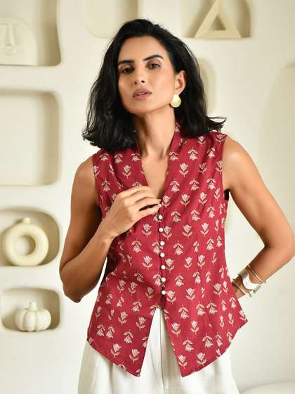 KALAMIR Women Floral
                        Print Mandarin Collar Cotton Top